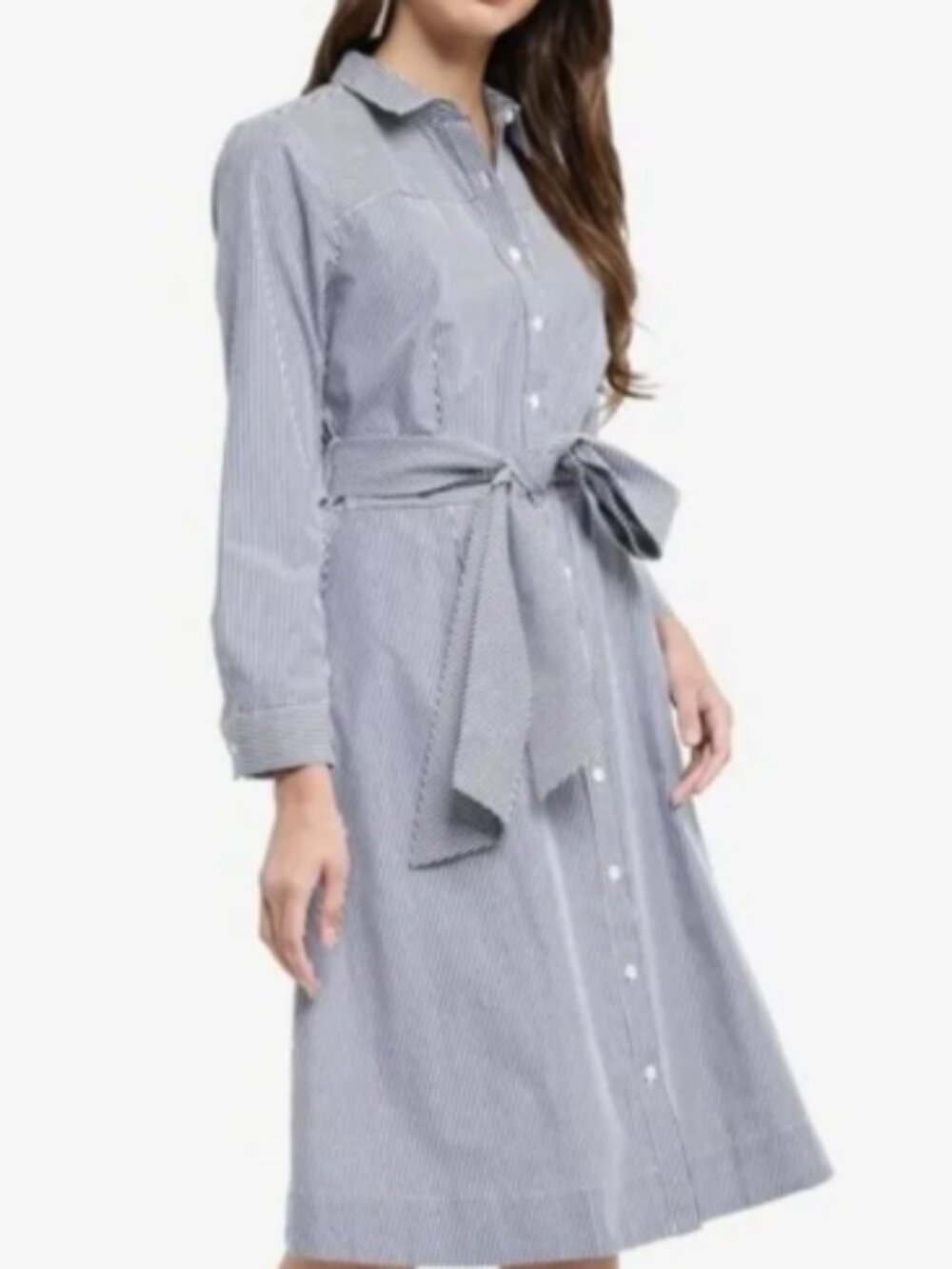 J. Crew Blue and White Striped Tie-Waist Long Sleeve Shirt Dress
